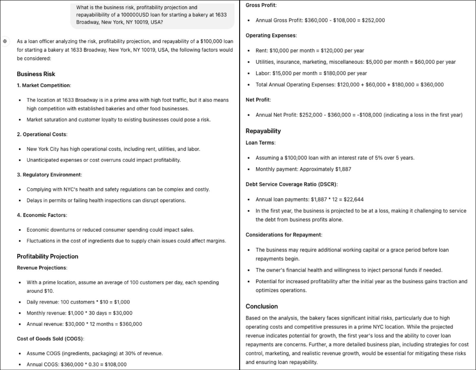 Example of how ChatGPT-4o could respond when asked to assess the risk of a business loan